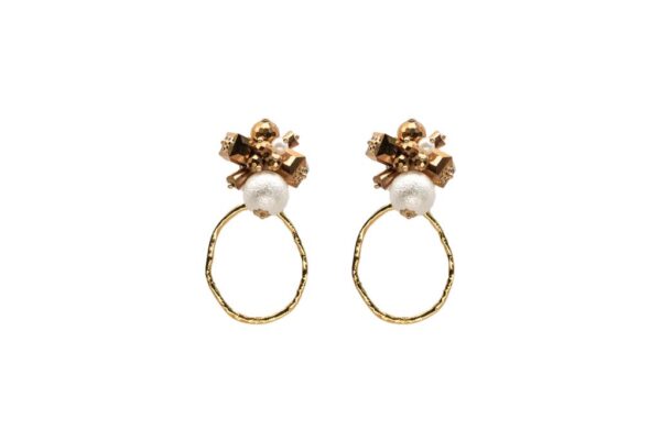 Pendientes de aro ovalado con aplique de perla blanca grande adornos geométricos cobre