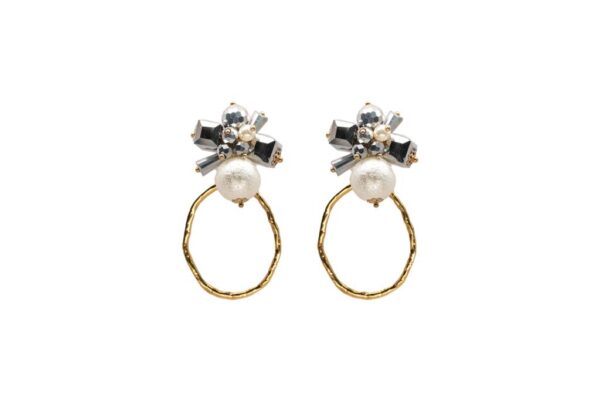 Pendientes de aro ovalado con aplique de perla blanca grande adornos geométricos plateados