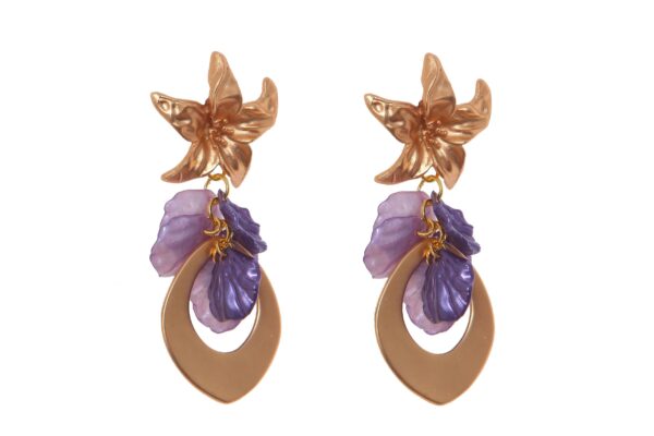 1.-morado-y-lila Pendientes de lágrima de oro con pétalos en color morado y lila con cabezal de flor