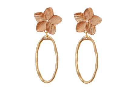 Pendientes dorados de aros ovalado con cabezal de flor a rayas - Imagen 1