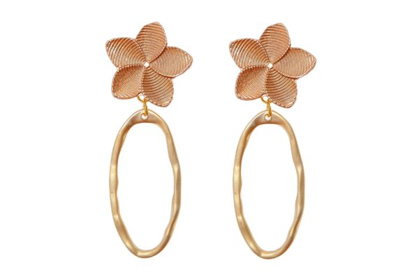 Pendientes dorados de aros ovalado con cabezal de flor a rayas