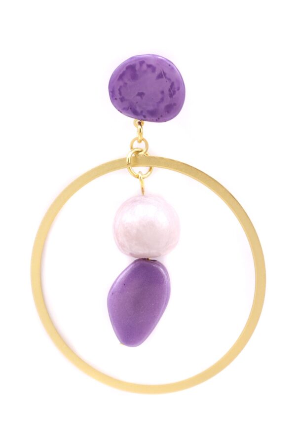 Pendiente de flamenca aro mediano piedras nácar color morado y malva