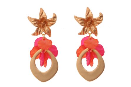 Pendientes de lágrima de oro con pétalos en colores rosa y naranja con cabezal de flor - Imagen 1