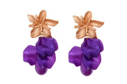 Pendientes de pétalos y piedras nácar morado con cabezal de flor - Imagen 1