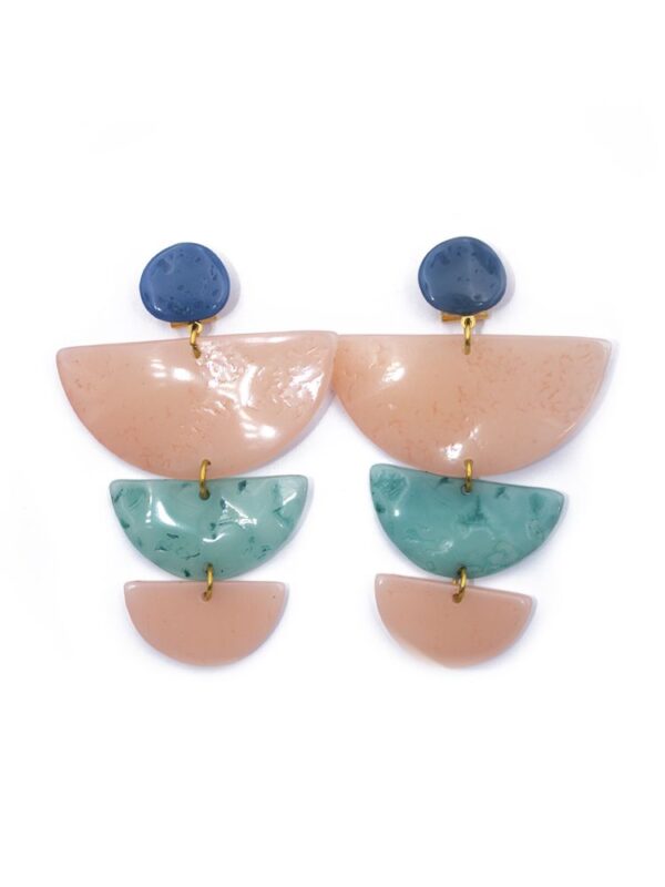 Pendiente de flamenca semicírculos escalonado grande piedras cristal color azul azafata, rosa y verde agua