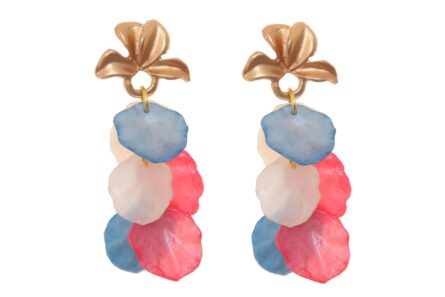 Pendientes de pétalos beige, azul y rosa con cabezal en forma de hojas - Imagen 1