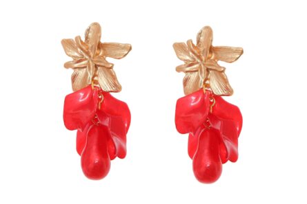Pendientes de pétalos y piedras nácar en color rojo con cabezal de flor - Imagen 1