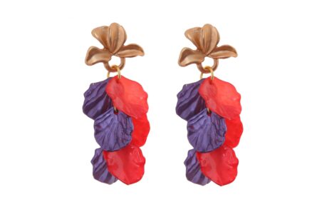 Pendientes de pétalos en rojo y morado con cabezal en forma de hojas - Imagen 1