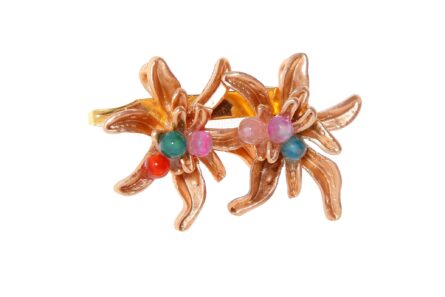 Broche dorado de dos flores con bolas de piedra Ágata en multicolor - Imagen 1