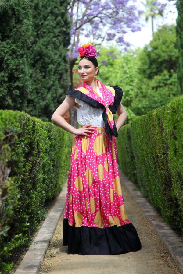 CONJUNTO FALDA + PIQUILLO ESTAMPADO DE LUNARES EN FUCSIA Y AMARILLO