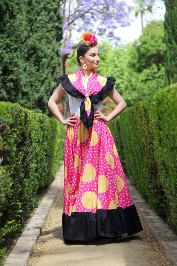 CONJUNTO FALDA + PIQUILLO ESTAMPADO DE LUNARES EN FUCSIA Y AMARILLO