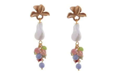 Pendientes de bolas de piedras Ágata y piedras nácar multicolor en tonalidades malva con cabezal de hojas - Imagen 1
