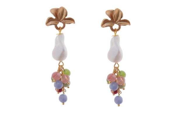 Pendientes de bolas de piedras Ágata y piedras nácar multicolor en tonalidades malva con cabezal de hojas