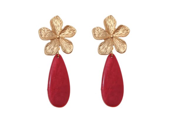 Pendiente de flamenca de lágrima plana de piedra cristal color burdeos con cabezal de flor