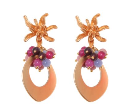 Pendientes de lágrima de oro con bolas de piedra Ágata multicolores en tonos malva y cabezal de flor - Imagen 1