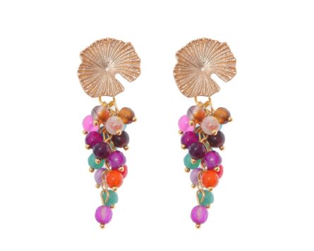 Pendientes de bolas de piedras Ágata multicolor con cabezal de nenúfar - Imagen 1