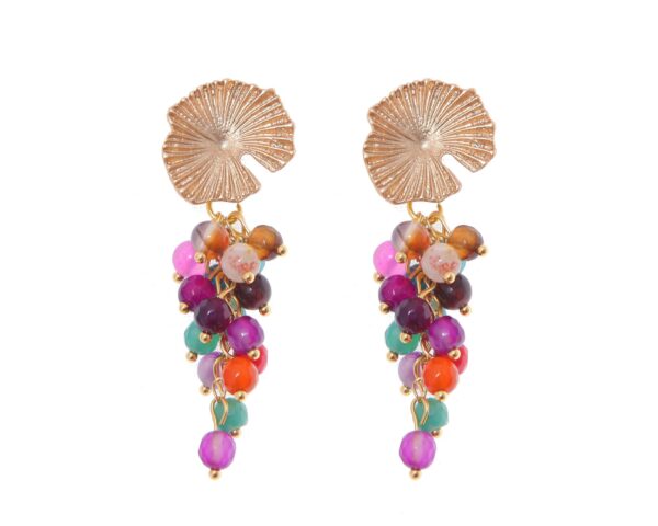 Pendientes de bolas de piedras Ágata multicolor con cabezal de nenúfar
