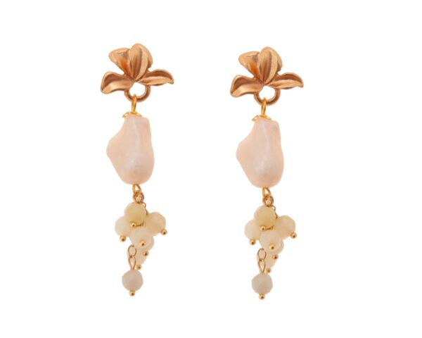 Pendientes de bolas de piedras Ágata y piedras nácar beige con cabezal de hojas