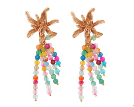 Pendientes de bolas de piedras Ágata multicolor con cabezal de flor - Imagen 1