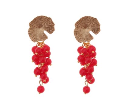Pendientes de bolas de piedras Ágata rojas con cabezal de nenúfar - Imagen 1