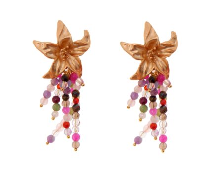 Pendientes de bolas de piedras Ágata multicolor con cabezal de flor - Imagen 2