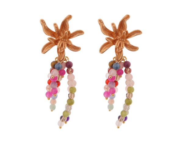 Pendientes de bolas de piedras Ágata multicolor en tonalidad malva con cabezal de flor