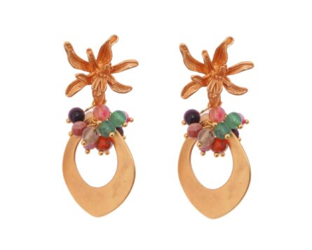 Pendientes de lágrima de oro con bolas de piedra Ágata multicolores y cabezal de flor - Imagen 1