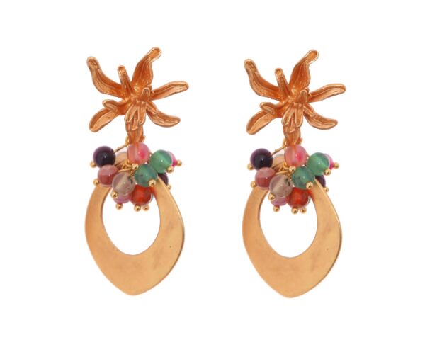 Pendientes de lágrima de oro con bolas de piedra Ágata multicolores y cabezal de flor