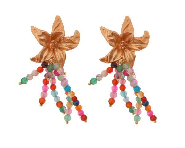 Pendientes de bolas de piedras Ágata multicolor con cabezal de flor