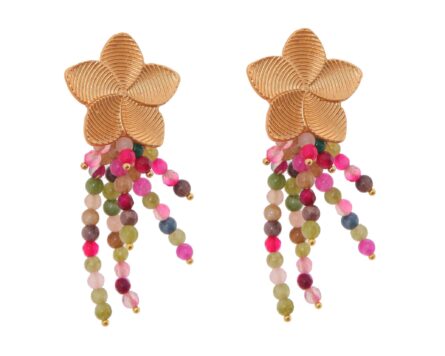 Pendientes de bolas de piedras Ágata multicolor en tonalidad malva con cabezal de flor a rayas - Imagen 1