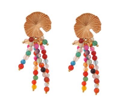 Pendientes de bolas de piedras Ágata multicolor con cabezal de nenúfar - Imagen 1