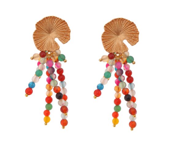 Pendientes de bolas de piedras Ágata multicolor con cabezal de nenúfar