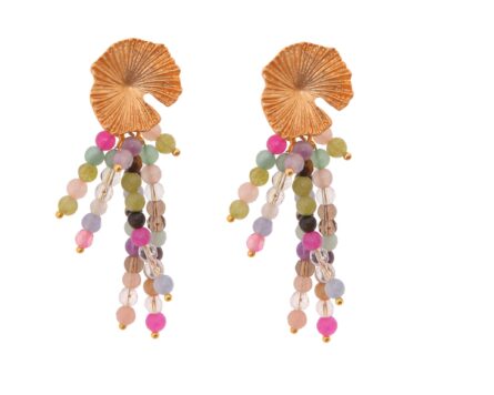 Pendientes de bolas de piedras Ágata multicolor en tonalidad malva con cabezal de nenúfar - Imagen 1