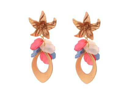 Pendientes de lágrima de oro con pétalos en colores azul, rosa y beige con cabezal de flor - Imagen 1