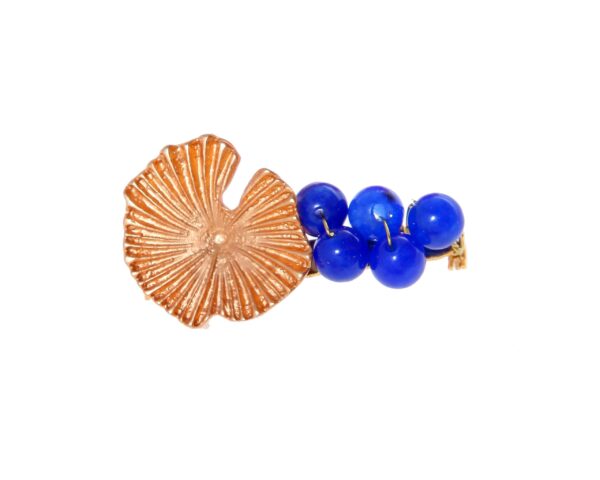 Broche dorado de nenúfar con bolas de piedra Ágata en azul zafiro
