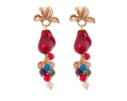 Pendientes de bolas de piedras Ágata y piedras nácar burdeos y multicolores con cabezal de hojas - Imagen 1