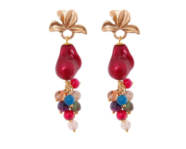 Pendientes de bolas de piedras Ágata y piedras nácar burdeos y multicolores con cabezal de hojas