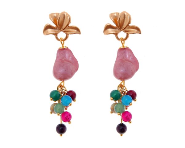 Pendientes de bolas de piedras Ágata y piedras nácar maquillaje y multicolores con cabezal de hojas