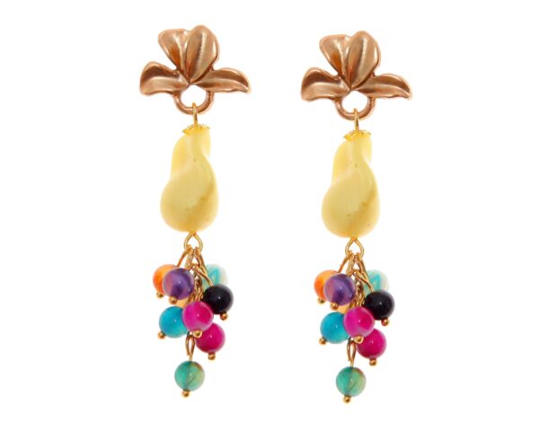 Pendientes de bolas de piedras Ágata y piedras nácar amarillo y multicolores con cabezal de hojas
