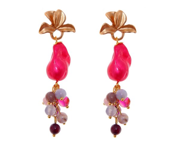 Pendientes de bolas de piedras Ágata y piedras nácar fresa y multicolores con cabezal de hojas