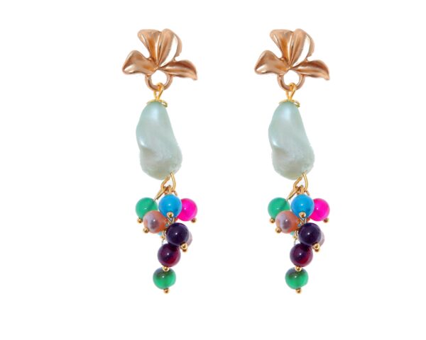 Pendientes de bolas de piedras Ágata y piedras nácar verde agua y multicolores con cabezal de hojas