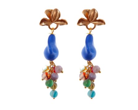 Pendientes de bolas de piedras Ágata y piedras nácar azul y multicolores con cabezal de hojas - Imagen 1