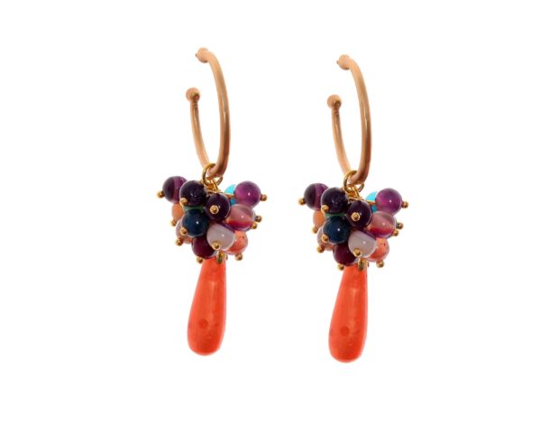 Pendientes de bolas Ágata y lágrimas multicolores y naranja con cabezal de aro