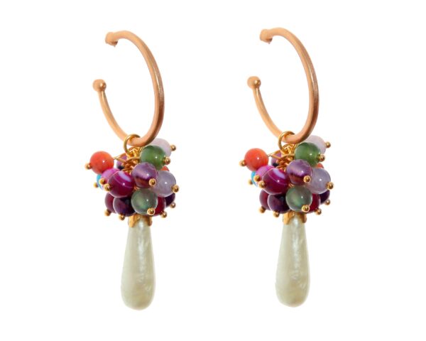 Pendientes de bolas Ágata y lágrimas multicolores y verde agua con cabezal de aro