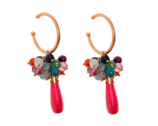 Pendientes de bolas Ágata y lágrimas multicolores y frambuesa con cabezal de aro