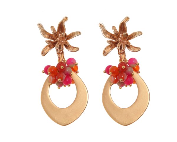 Pendientes de lágrima de oro con bolas de piedra Ágata rosa y naranja y cabezal de flor