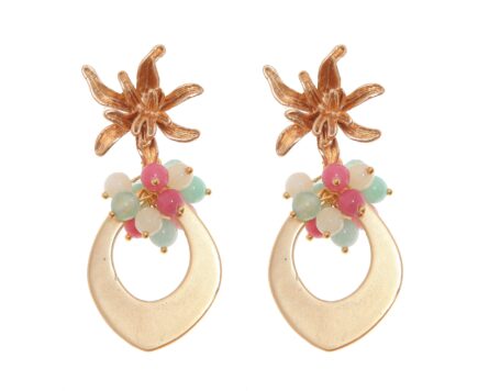 Pendientes de lágrima de oro con bolas de piedra Ágata rosa, verde jabonoso y beige y cabezal de flor - Imagen 1