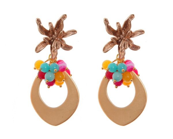 Pendientes de lágrima de oro con bolas de piedra Ágata buganvilla, mostaza y verde y cabezal de flor