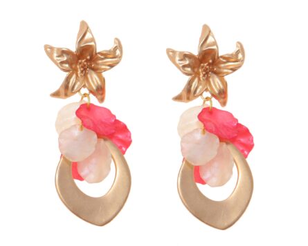 Pendientes de lágrima de oro con pétalos en color rosa y beige con cabezal de flor - Imagen 1