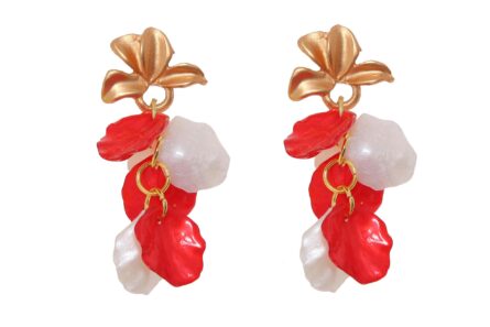 Pendientes de pétalos en rojo y blanco con cabezal en forma de hojas - Imagen 1